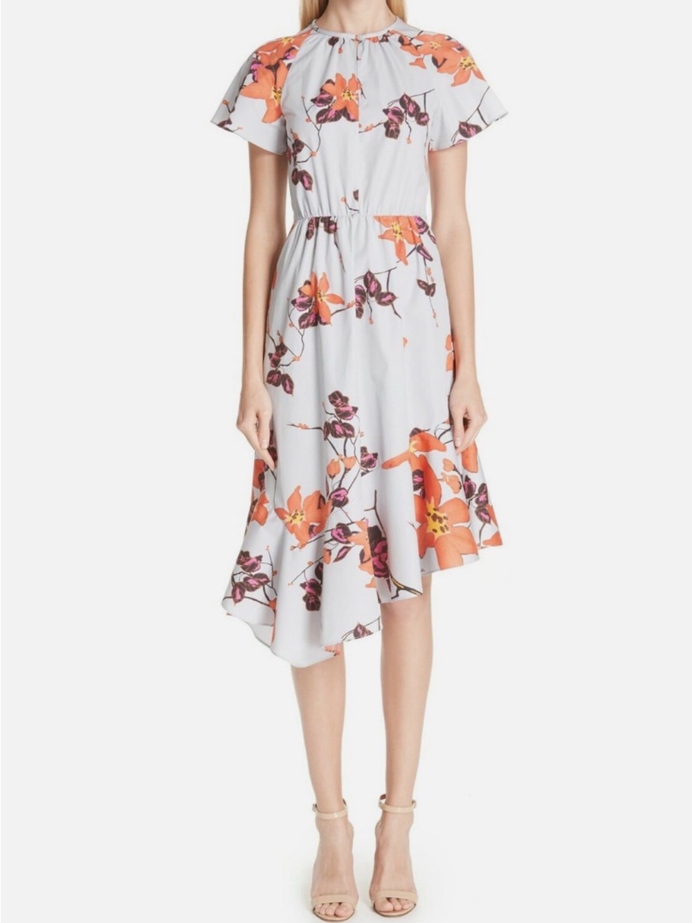 Etro Floral Midi Dress in Light Blue Gray with Orange Blooms